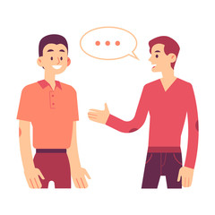 Two men communicating vector illustration in flat style - young male characters standing and talking. One person with speech bubble explain something to another isolated on white background.