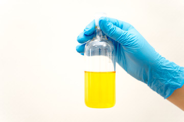 hand in glove holding test tube in the laboratory