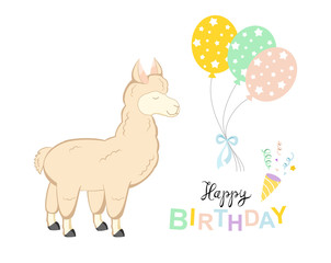 Illustration of a happy birthday. Lama with balloons and confetti