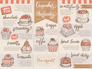 Menu dessert vector cafe design sweet food template chocolate cupcake biscuit and cheesecake in restaurant illustration set of muffin on cafe banner poster on retro background