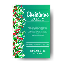 Christmas party invitation template with green background and fir garland leaves . vector illustration