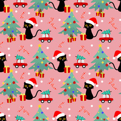 Materiał do szycia Cute cat and Christmas seamless pattern.