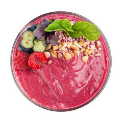 Glass of blueberry smoothies milkshake cocktail isolated on white background. From top view