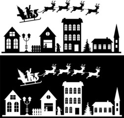 Merry Christmas and happy new year. A small town with Santa in the sky on a sleigh with deer. Paper art in digital style. Vector illustration set.