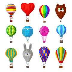 Naklejka premium Balloon vector cartoon air-balloon or aerostat with basket flying in sky and ballooning adventure flight illustration set of ballooned traveling flying toy isolated on white background