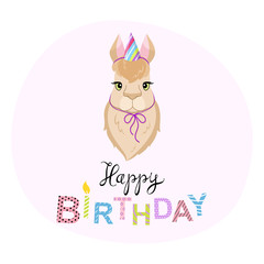 Illustration happy birthday. Decorative text. Lama with green eyes in a festive cap.