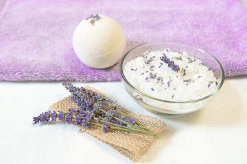 Natural herbal sea salt with aromatic lavender - perfect for relaxation. Cosmetic jars and bottles...