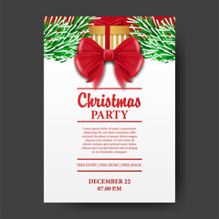 Christmas party template for invitation or announcement. ready for paper print. vector illustration of gift box on the snow with fir leaves