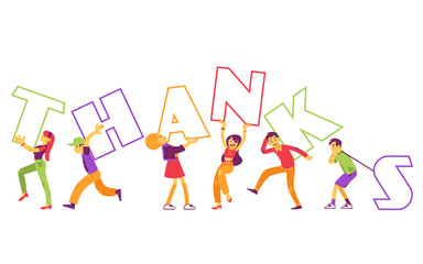 Vector illustration of Thanks text design with various people holding big letters in flat style - modern layout for gratitude web page or banner with team carrying thankful word.