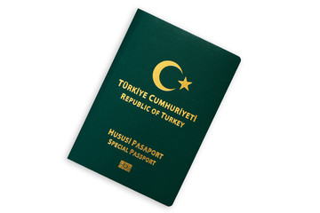 Republic of Turkey green special passport isolated on white background