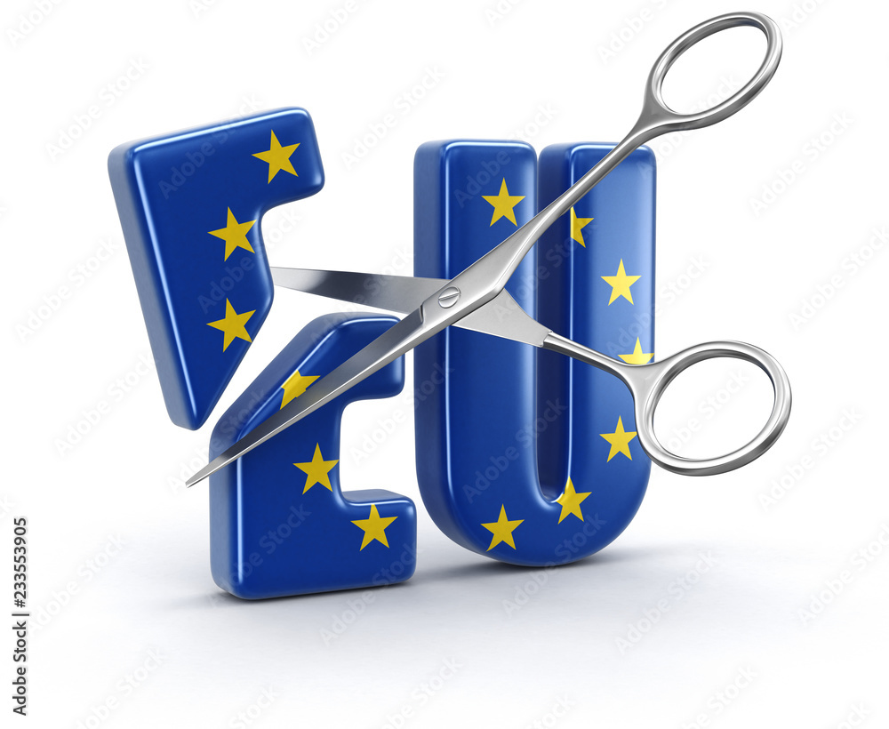 Poster scissors and text eu with flag. image with clipping path