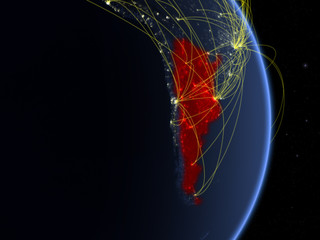 Argentina at night on planet planet Earth with network. Concept of connectivity, travel and communication.