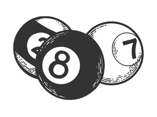 Billiard pool balls ivories engraving vector illustration. Scratch board style imitation. Black and white hand drawn image.