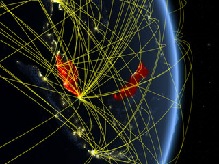 Malaysia at night on planet planet Earth with network. Concept of connectivity, travel and communication.