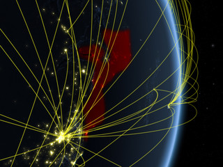 Mozambique at night on planet planet Earth with network. Concept of connectivity, travel and communication.