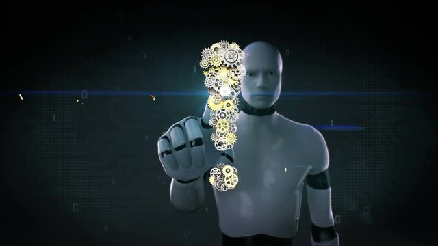 Robot, cyborg touched screen, Steel golden gears making Exclamation mark shape. 4k animation.1.