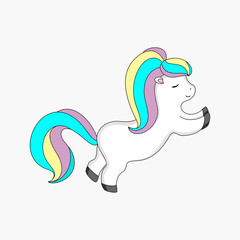 Cartoon white pony with a multi-colored mane on a light gray background.