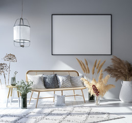 Mock up poster frame in home interior background, Bohemian style living room, 3D render - obrazy, fototapety, plakaty