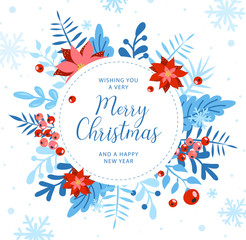 Obraz premium Christmas flat lay design with gift boxes. Wrapping paper or fabric. Christmas and new year element, poster for your design. Merry Christmas calligraphy with hand drawn decorative frame.