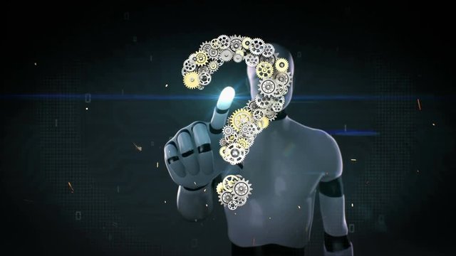 Robot, cyborg touched screen,Steel golden gears making question mark shape. vision intelligence. 4k animation.1.