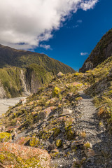 Mountain view of the glacier river and valley at Fox Glacier, West Coast, New Zealand