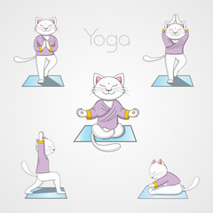 White cat in purple clothes doing yoga on the carpet in various poses. Vector illustration on gray isolated background.