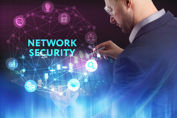 The concept of business, technology, the Internet and the network. A young entrepreneur working on a virtual screen of the future and sees the inscription: Network security