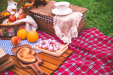 Summer picnic with a basket of food on blanket in the park.