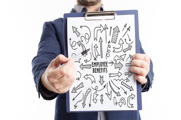 Business, Technology, Internet and network concept. Young businessman shows the word: Employee benefits