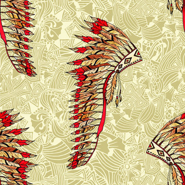 Feather hat seamless pattern. Indian headdress realistic drawing and ethnic ornaments. Native American painted feather warbonnet. Thanksgiving and Halloween costume item.