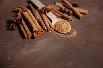 Christmas spices for making mulled wine. Cinnamon sticks, star anise, brown sugar
