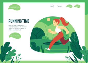 Vector illustration of healthy and sporty lifestyle concept with woman in sportswear running outdoors in trendy flat style on web page template, female character doing cardio training.