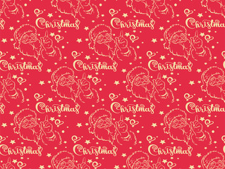 Naklejka premium Christmas background, seamless pattern, Santa Claus and calligraphy. Red Christmas wrapping paper. Retro. Vector illustration