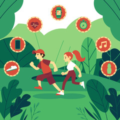 Vector illustration of man and woman in sportswear running outdoors on background of green plants and symbols of sport equipment in trendy flat style - healthy and sporty lifestyle concept.
