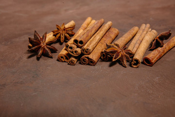 Close up of spices and brown sugar for christmas cake. Symbolic image. Christmas background. Rustic wooden background. Close up.