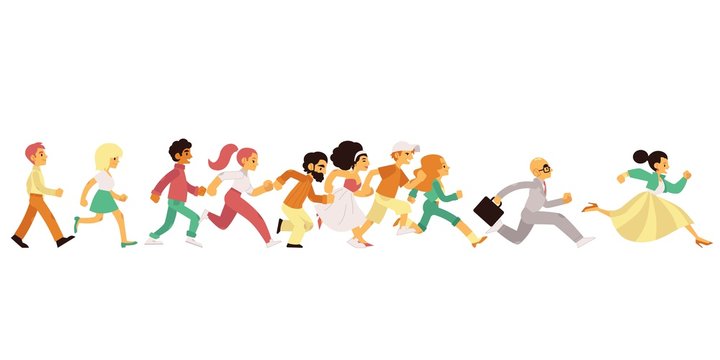 People Of Different Age And Gender Running In Flat Style Isolated On White Background - Vector Illustration Of Side View Of Happy Hurrying Men And Women Moving Forward Fast.