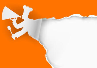 Cook ripping paper background, promotion template. 
Illustration of torn orange paper with cook with megaphone. Place for your text or image.Vector available.