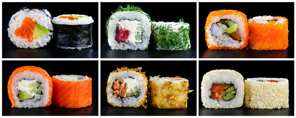 Set of sushi close up different on dark background collage © smspsy