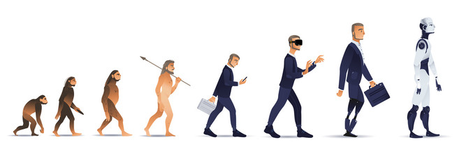 Vector evolution concept with ape to cyborg and robots growth process with monkey, caveman to businessman in suit wearing VR headset, artificial legs person and robotic creature. Mankind development - obrazy, fototapety, plakaty