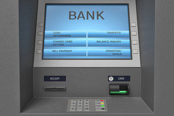 3d rendering of an ATM machine with its screen and button panel in a close view.