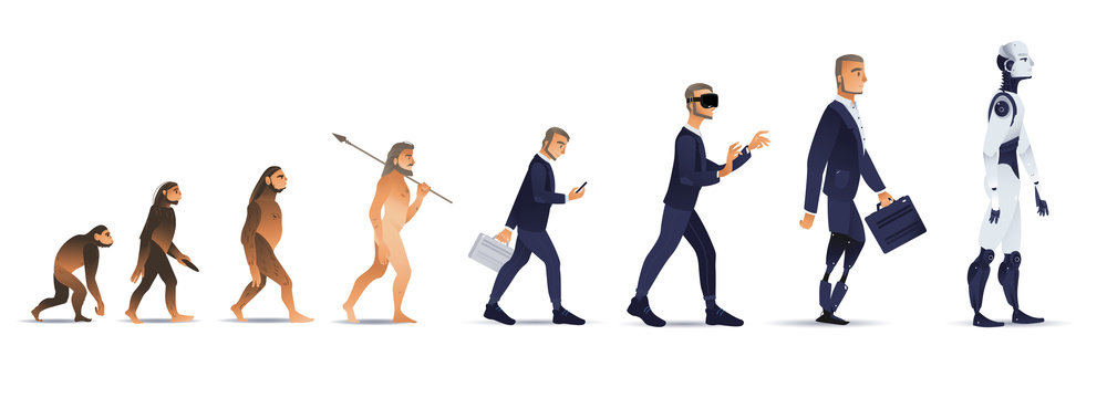 Vector evolution concept with ape to cyborg and robots growth process with monkey, caveman to businessman in suit wearing VR headset, artificial legs person and robotic creature. Mankind development
