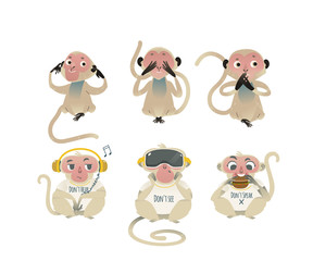 Vector see no evil, hear no evil, speak no evil metaphor with monkeys covering eyes, mouth, ears by hands, eating burger, wearing headphones and VR headset. Cartoon ape animals for moral design