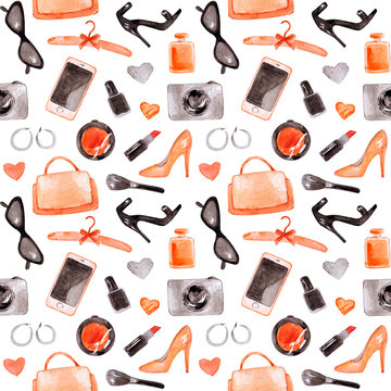 Hand drawn watercolor fashion Illustration. Seamless pattern for print,backdrop, beauty, style, fashion blogger, journal, blog, stylist, makeup artist. Trendy accessories in peach and black colors © Anastasia