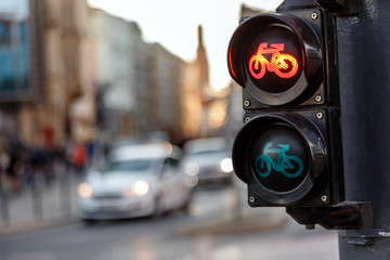 Traffic lights for bicycles lights red.