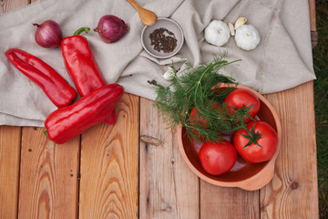 tomatoes in a clay plate, fresh greens, garlic and pepper in a ceramic plate