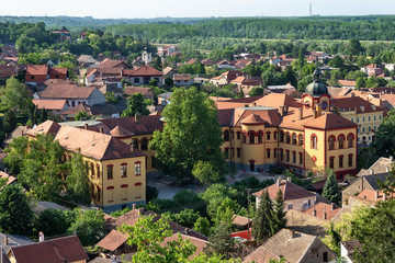 Fototapeta na wymiar Sremski Karlovci, Serbia - May 2, 2018: Panorama of Sremski Karlovci. Panoramic view of The Gymnasium of Karlovci 