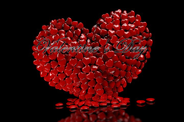 3D heart, consisting of small hearts on a black background and the inscription VALENTINE'S DAY