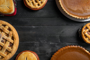 Various traditional pies. Top view with copy space. Home Baking