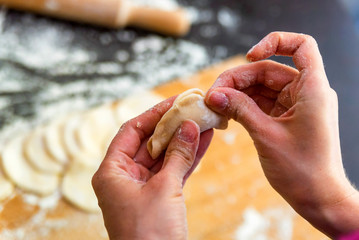 Making dumplings with stuffing at cooking master-class