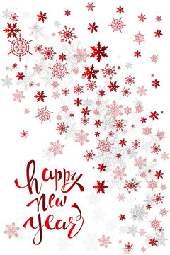 Happy new year greeting card with shiny red snowflakes on a white background
